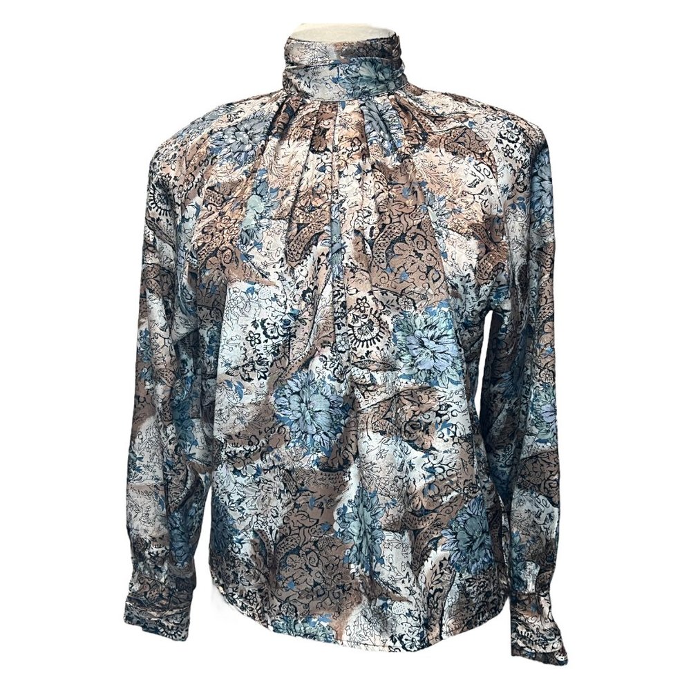 Vintage blue and brown floral print blouse